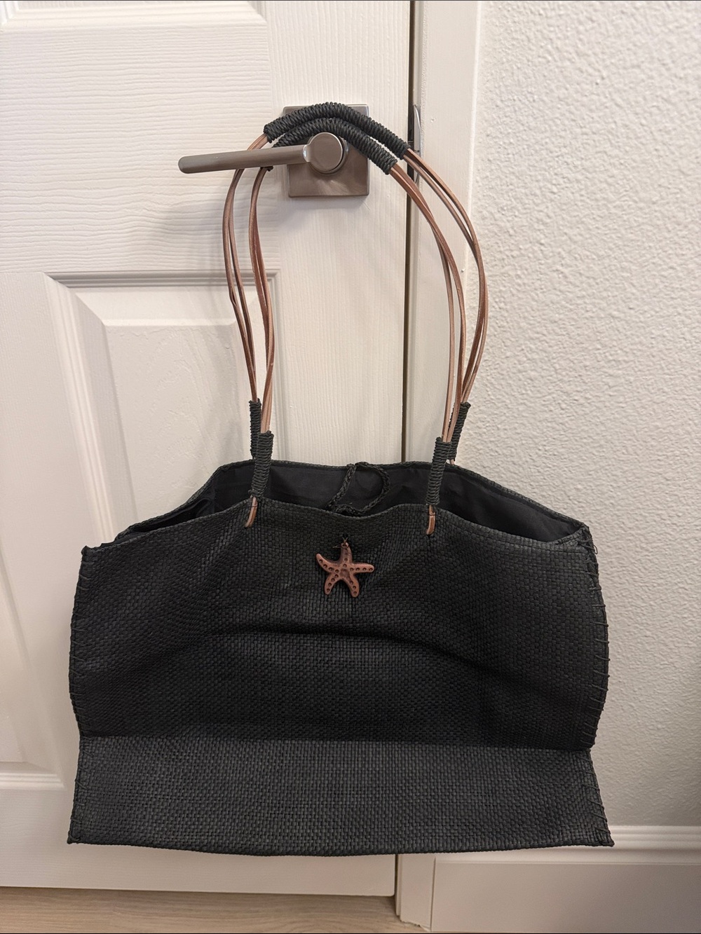 Black Woven Tote Bag with Starfish Accent